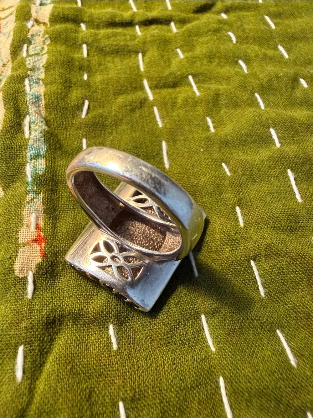 Modern Rectangular Sterling Silver Ring with Garnet Rows On Every Side